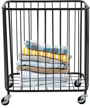 Rolling Laundry Hamper, Large-size Metal Laundry Basket Cart w/Wheels, Wheeled Clothing Hamper for Home, Hotel, Mall, Bathroom, Bedroom and Commercial Laundries (Black)