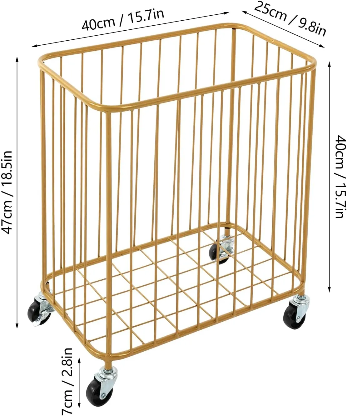 Rolling Laundry Hamper, Large-size Metal Laundry Basket Cart w/Wheels, Wheeled Clothing Hamper for Home, Hotel, Mall, Bathroom, Bedroom and Commercial Laundries (Gold)