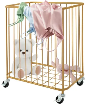 Rolling Laundry Hamper, Large-size Metal Laundry Basket Cart w/Wheels, Wheeled Clothing Hamper for Home, Hotel, Mall, Bathroom, Bedroom and Commercial Laundries (Gold)