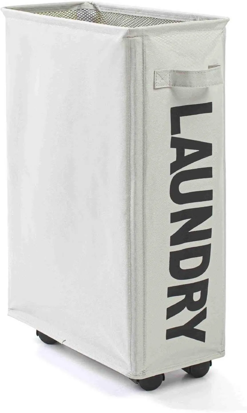 Rolling Slim Laundry Baskets Hamper Collapsible Dirty Clothes Hamper Tall Thin Laundry Basket Hamper on Wheels Home Corner Handy Waterproof Sorter Organizer Dorm Bathroom (Light Grey)