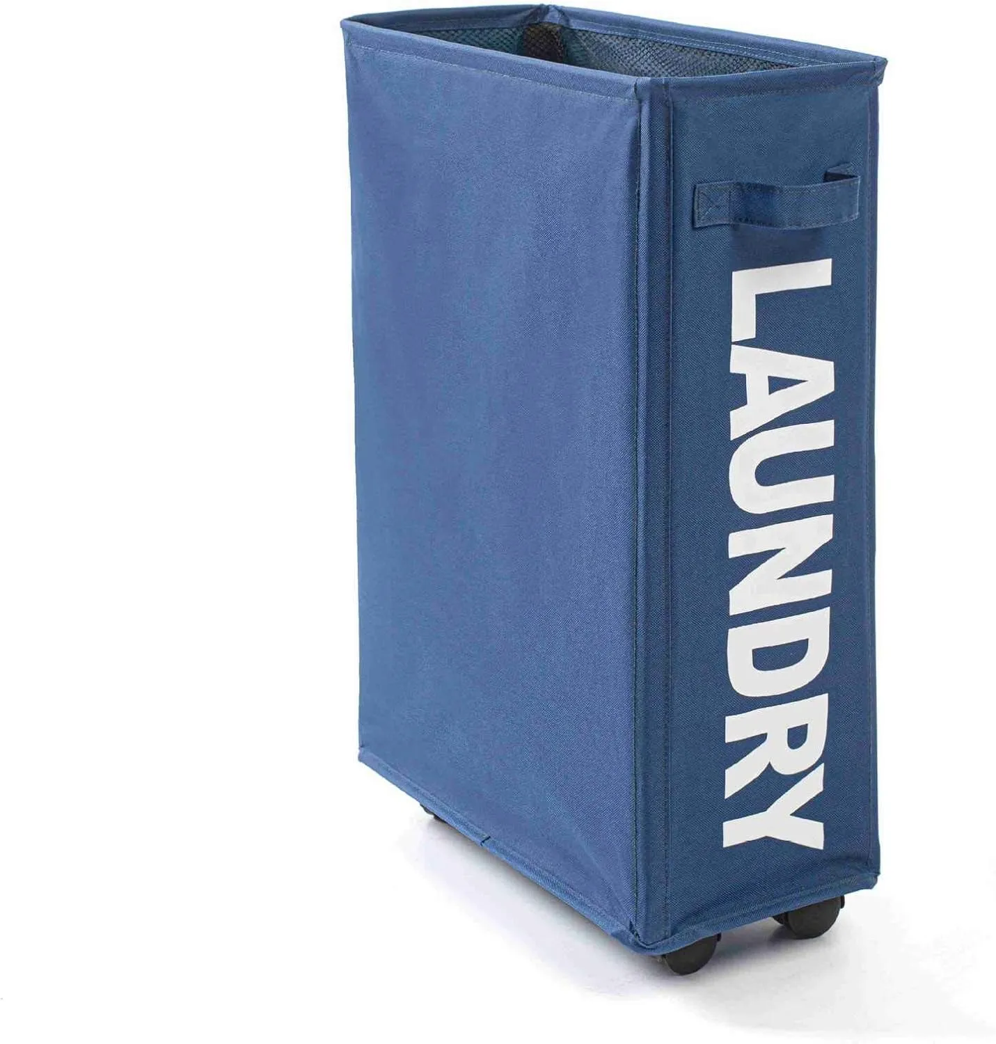 Rolling Slim Laundry Baskets Hamper Collapsible Dirty Clothes Hamper Tall Thin Laundry Basket Hamper on Wheels Home Corner Handy Waterproof Sorter Organizer Dorm Bathroom (Navy Blue)