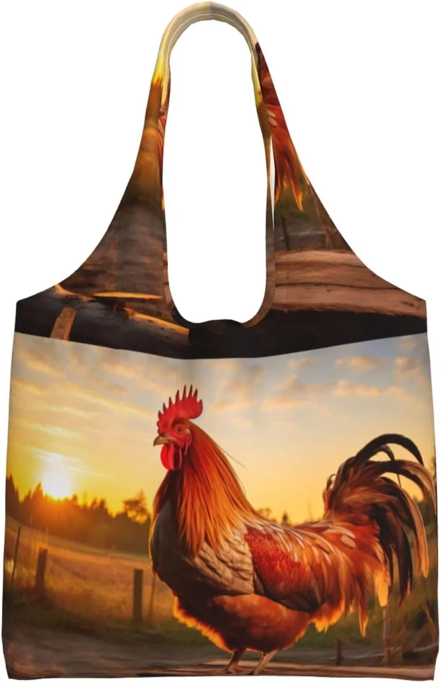Rooster on Wood in Farmland Print Creative Design Grocery Shopping Bag 14.2x12.6in Reusable Party Event Bag