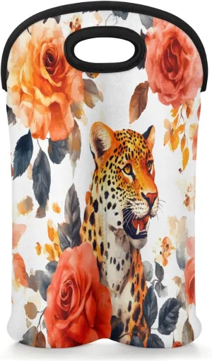 Rose Roars Cheetah Wine Carrier Tote, Neoprene Wine Bag, Holds 2 Bottles, Wine Bottle Holder for Travel, Travel Wine Bag with Safety Carrying Handle.