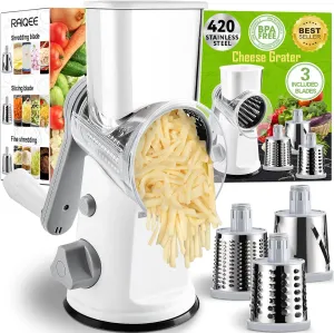 Rotary Cheese Grater with Handle-Vegetable Cheese Shredder Slicer Grater-3 Interchan geable Blades and Powerful Suction Base,for Kitchen Cheese Potato Zucchini Nut-White