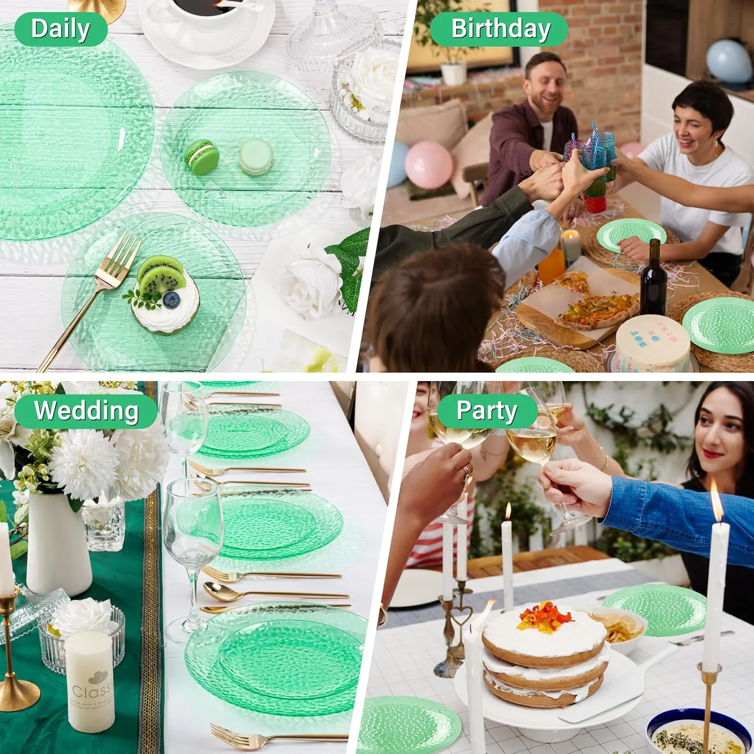 Rubtlamp 100 Pcs Clear Green Plastic Plates Dinnerware Set, Green Hammered Disposable Plates, Clear Plastic Party Plates Set Include 50 Dinner Platos,50 Dessert platos for Party