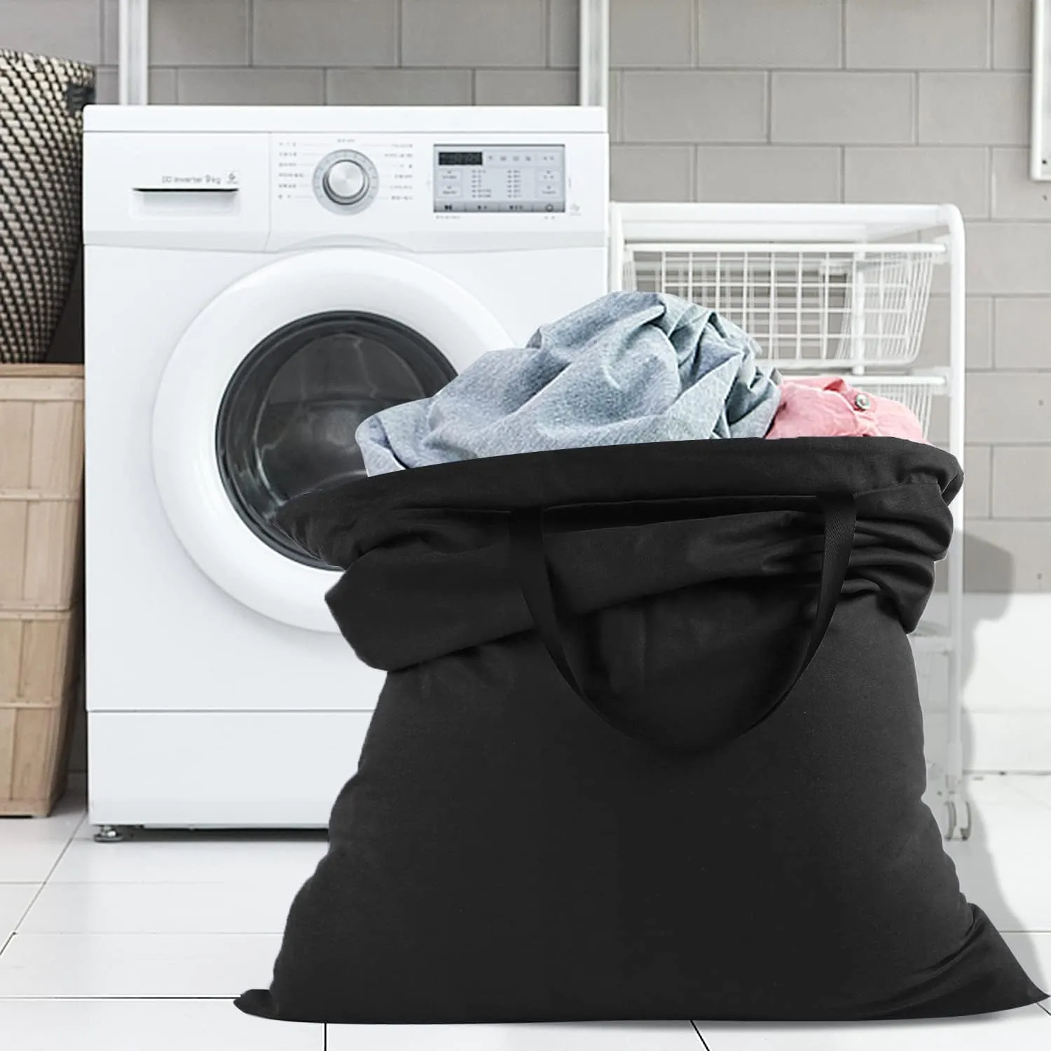 Sanlykate Large Canvas Cotton Laundry Bag with Drawstring & Handles, Heavy Duty Durable Dirty Clothes Organizer, Tear Resistant Hamper Liner Storage Bag, Travel Sack, 25.5 x 34inch - Black
