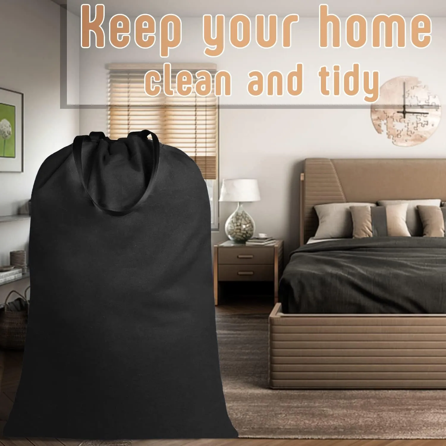 Sanlykate Large Canvas Cotton Laundry Bag with Drawstring & Handles, Heavy Duty Durable Dirty Clothes Organizer, Tear Resistant Hamper Liner Storage Bag, Travel Sack, 25.5 x 34inch - Black