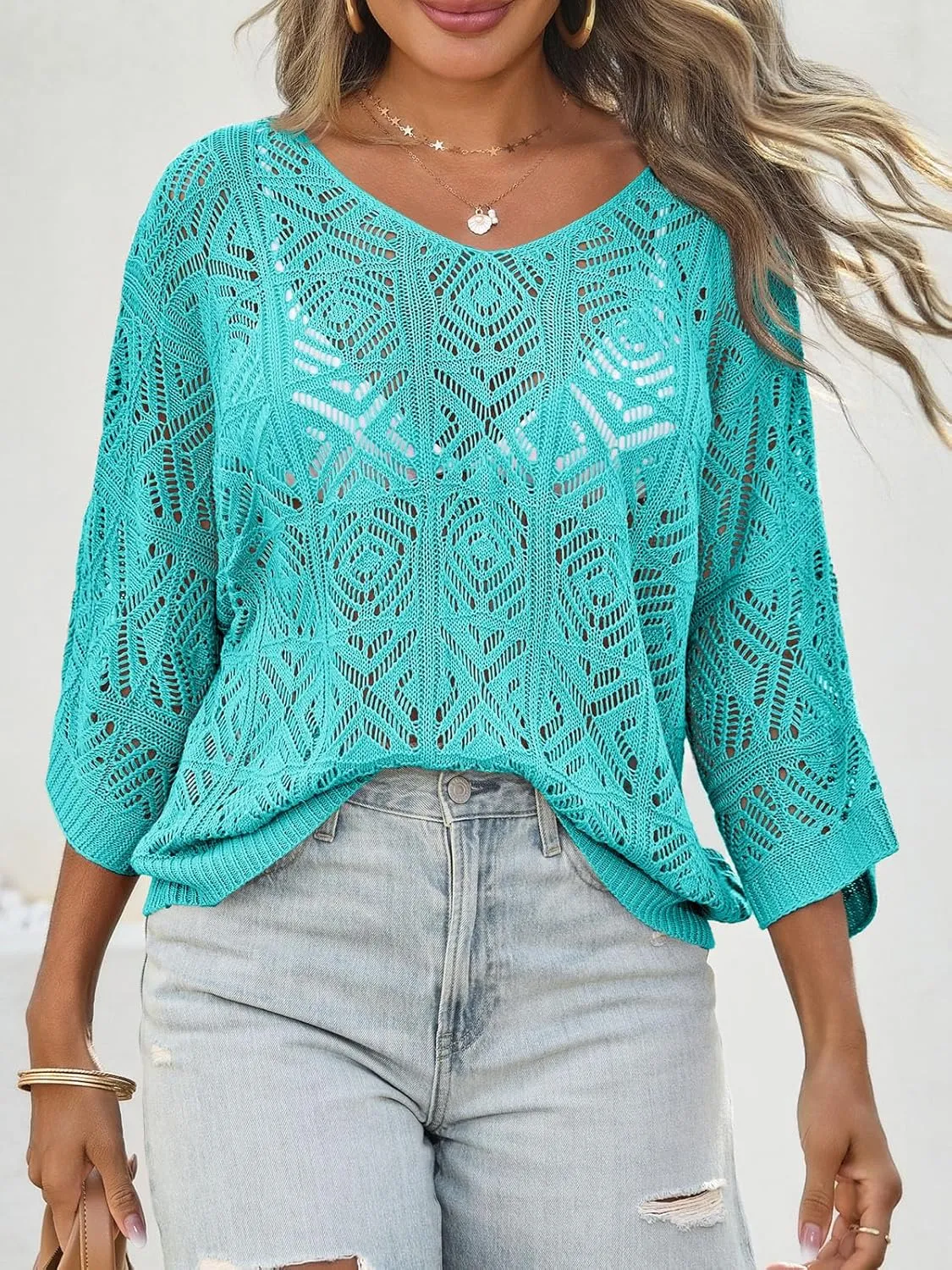 Saodimallsu Womens Crochet Cover Up Top Summer 3/4 Sleeve Off Shoulder Sweater Shirts Mesh Boho Beach Swimsuit Coverup