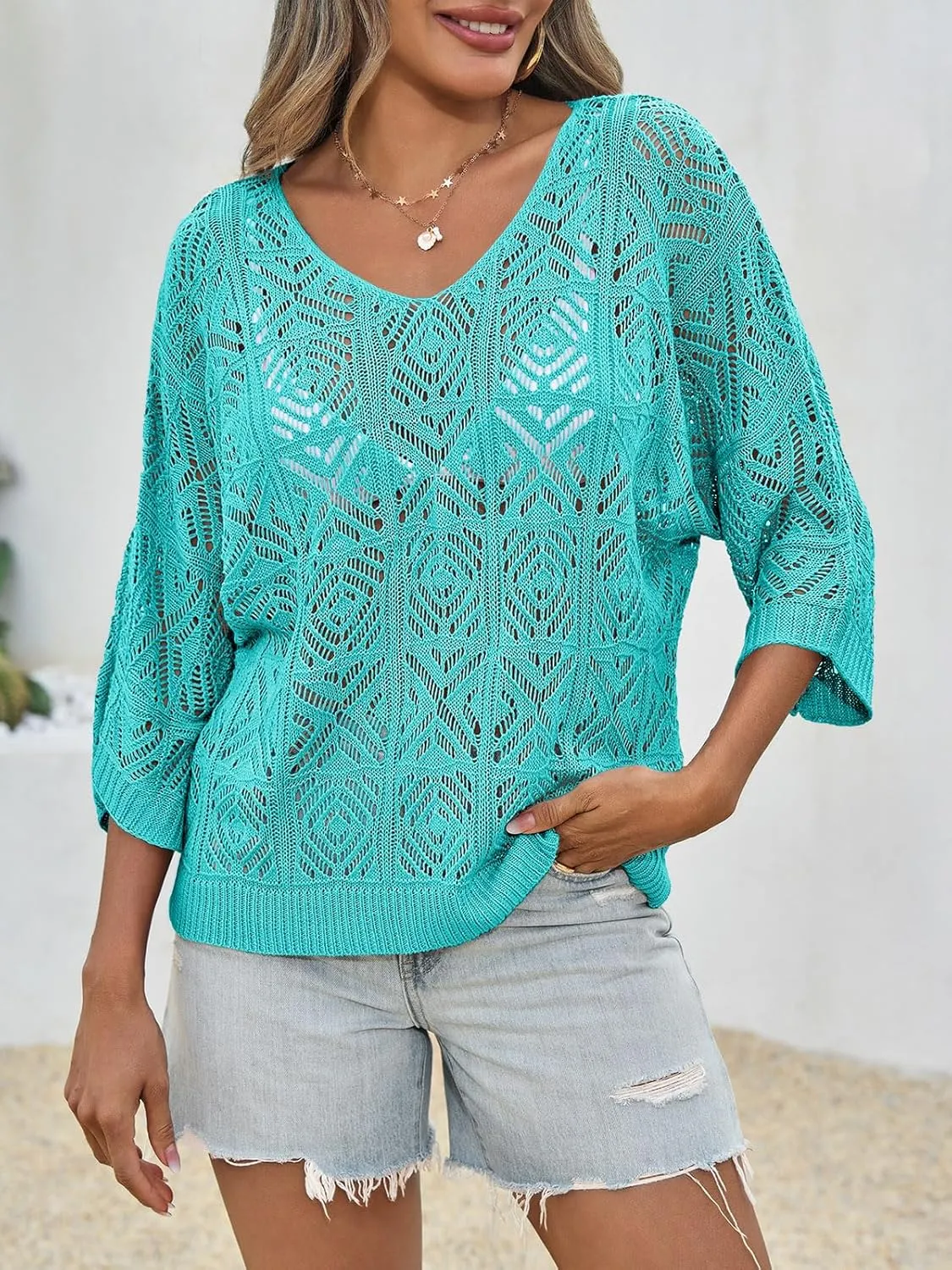 Saodimallsu Womens Crochet Cover Up Top Summer 3/4 Sleeve Off Shoulder Sweater Shirts Mesh Boho Beach Swimsuit Coverup