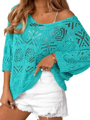 Saodimallsu Womens Crochet Cover Up Top Summer 3/4 Sleeve Off Shoulder Sweater Shirts Mesh Boho Beach Swimsuit Coverup