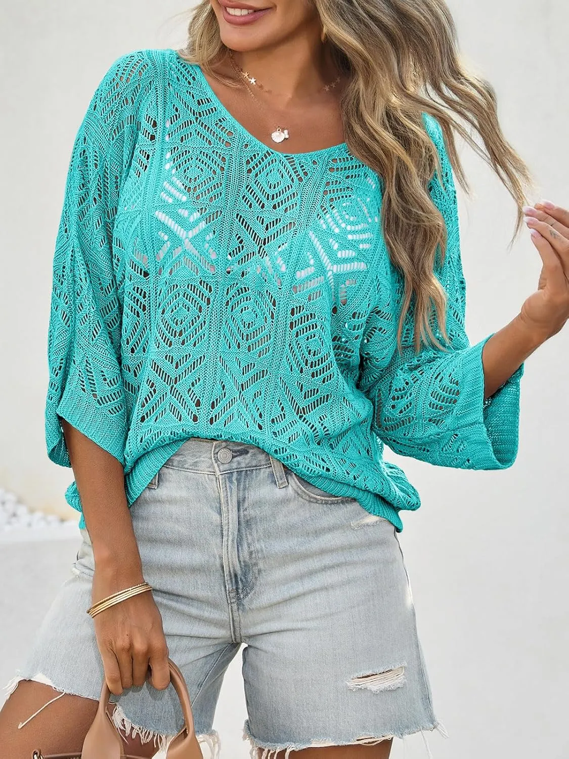 Saodimallsu Womens Crochet Cover Up Top Summer 3/4 Sleeve Off Shoulder Sweater Shirts Mesh Boho Beach Swimsuit Coverup