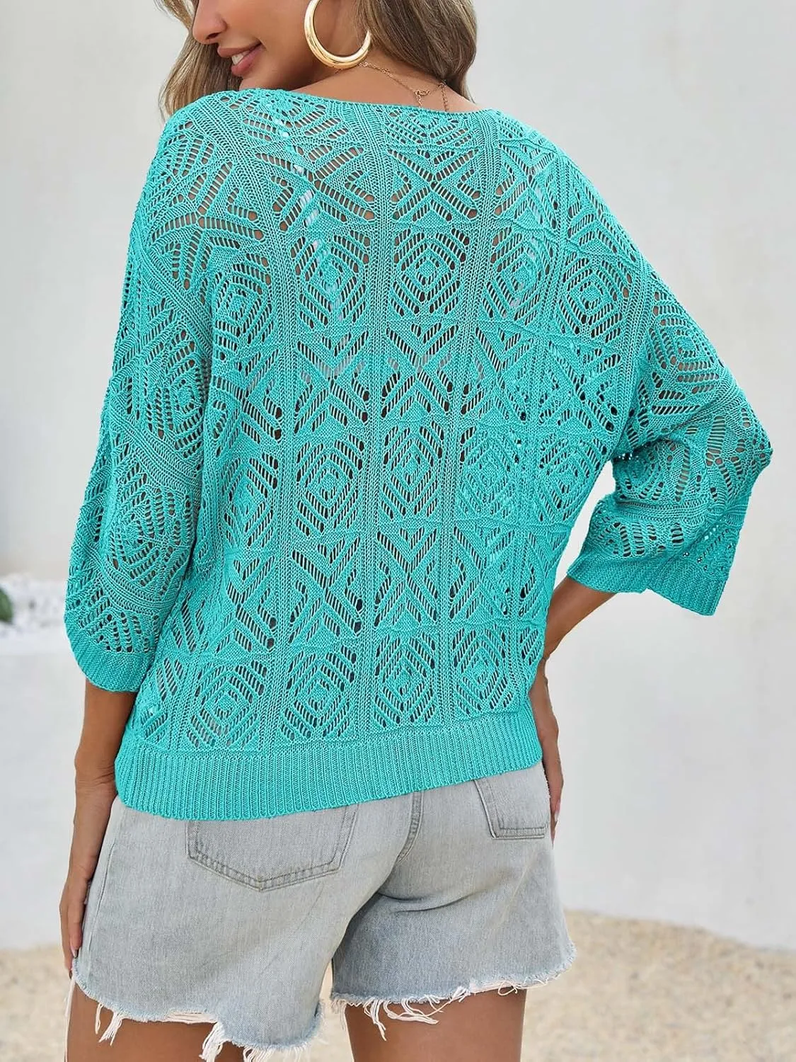 Saodimallsu Womens Crochet Cover Up Top Summer 3/4 Sleeve Off Shoulder Sweater Shirts Mesh Boho Beach Swimsuit Coverup