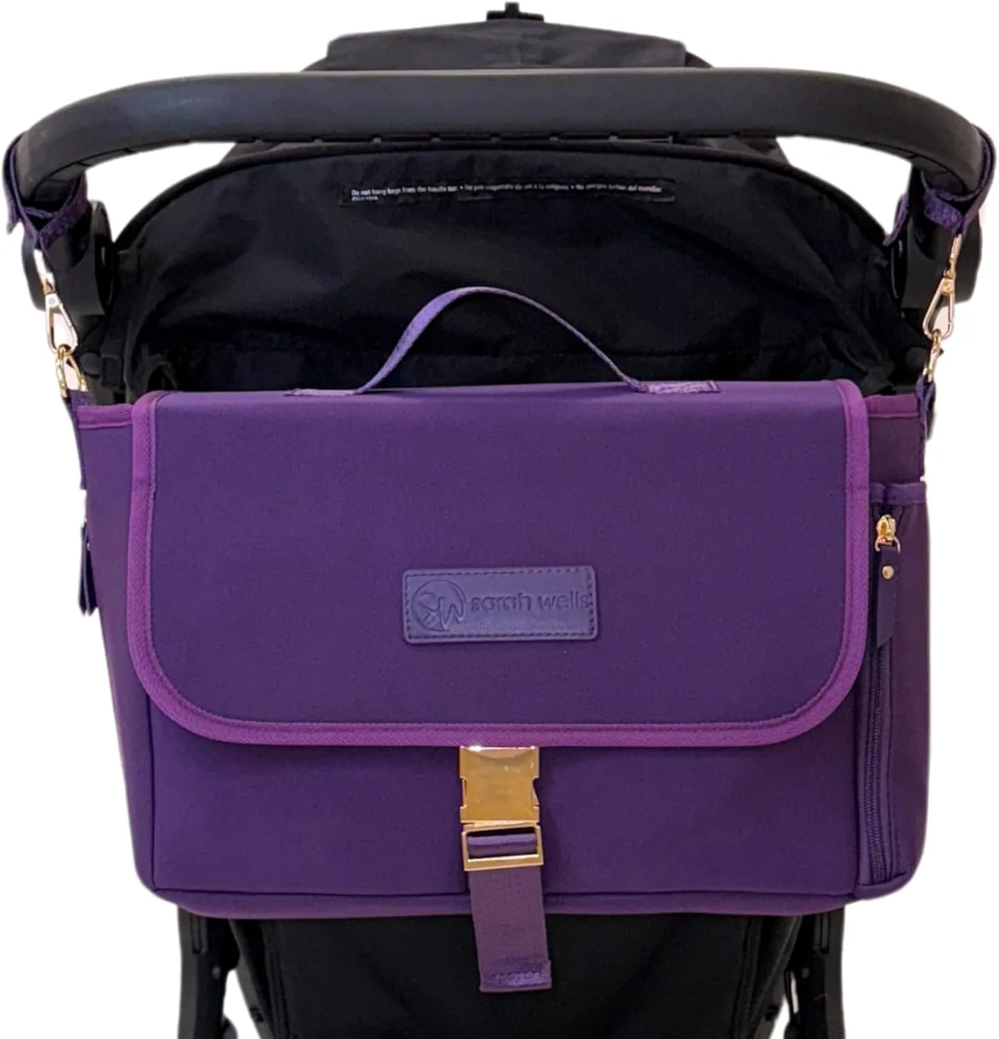 Sarah Wells Deluxe Stroller Caddy Organizer – Insulated, Machine-Washable Neoprene Bag with Crossbody Strap, Pockets & Luggage Sleeve (Purple)