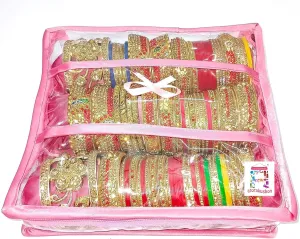 Satin 3 Rods Jewellery Bangle Storage Box Chudi Set Organizer Zipper Makeup Pouch Travelling Bag for Women (Pink | Pack of 1)