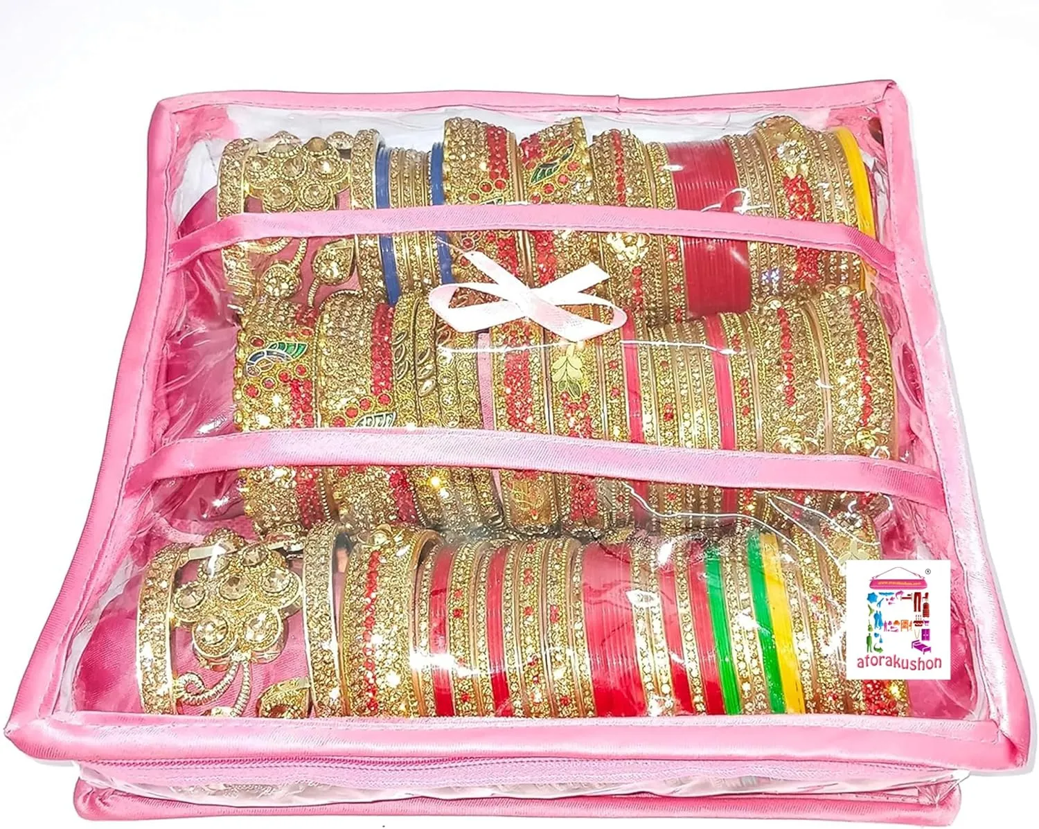 Satin 3 Rods Jewellery Bangle Storage Box Chudi Set Organizer Zipper Makeup Pouch Travelling Bag for Women (Pink | Pack of 1)