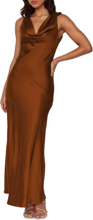 Satin Cowl Neck Sleeveless Backless Maxi Wedding Guest Dress Silk Open Back Tie Back Prom Formal Dresses for Women 2024