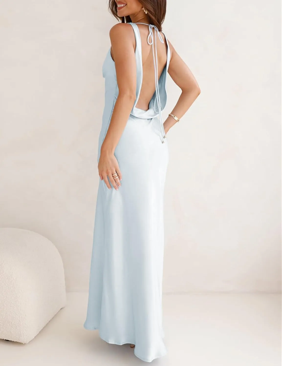 Satin Cowl Neck Sleeveless Backless Maxi Wedding Guest Dress Silk Open Back Tie Back Prom Formal Dresses for Women 2024
