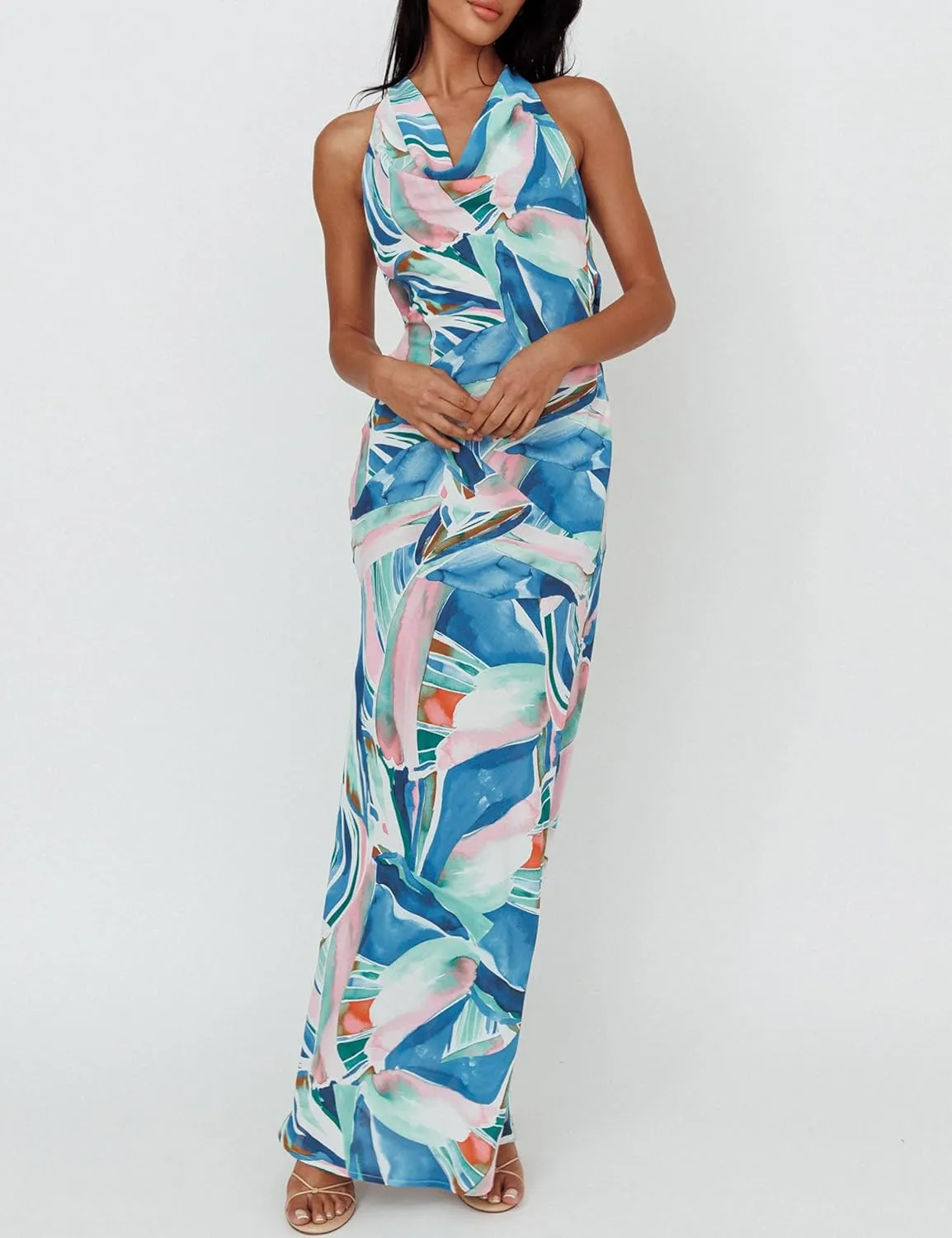 Satin Cowl Neck Sleeveless Backless Maxi Wedding Guest Dress Silk Open Back Tie Back Prom Formal Dresses for Women 2024