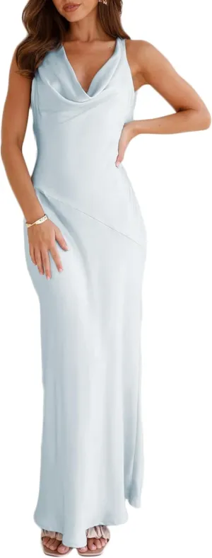Satin Cowl Neck Sleeveless Backless Maxi Wedding Guest Dress Silk Open Back Tie Back Prom Formal Dresses for Women 2024