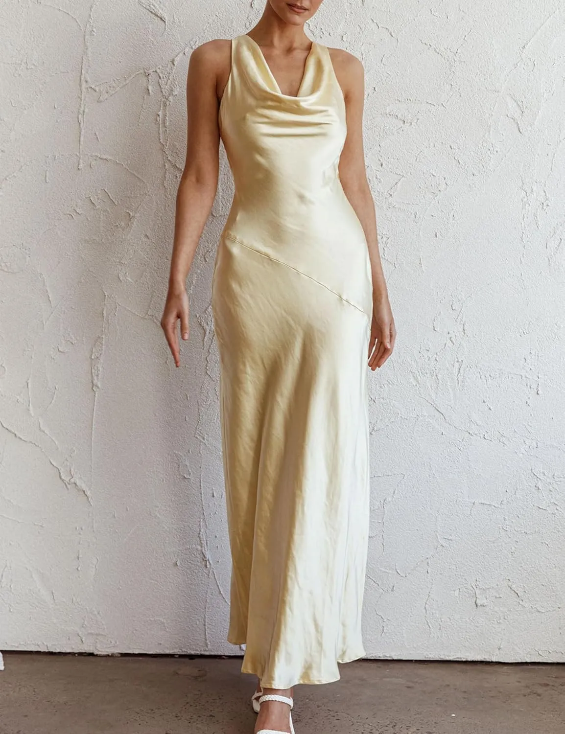 Satin Cowl Neck Sleeveless Backless Maxi Wedding Guest Dress Silk Open Back Tie Back Prom Formal Dresses for Women 2024