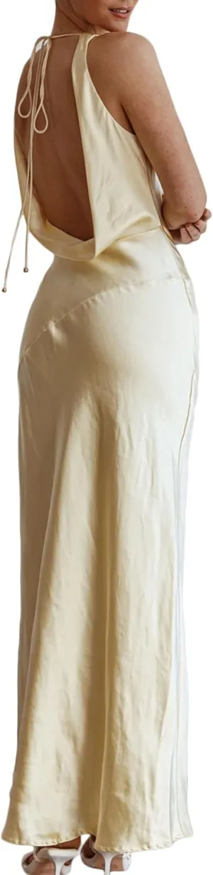 Satin Cowl Neck Sleeveless Backless Maxi Wedding Guest Dress Silk Open Back Tie Back Prom Formal Dresses for Women 2024