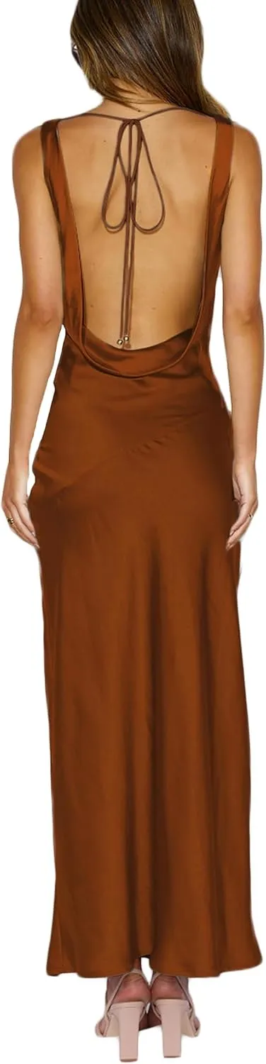 Satin Cowl Neck Sleeveless Backless Maxi Wedding Guest Dress Silk Open Back Tie Back Prom Formal Dresses for Women 2024