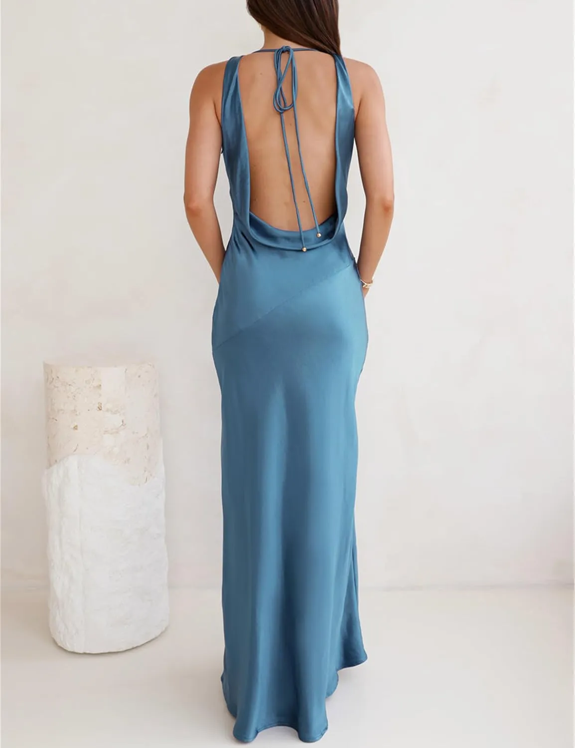 Satin Cowl Neck Sleeveless Backless Maxi Wedding Guest Dress Silk Open Back Tie Back Prom Formal Dresses for Women 2024