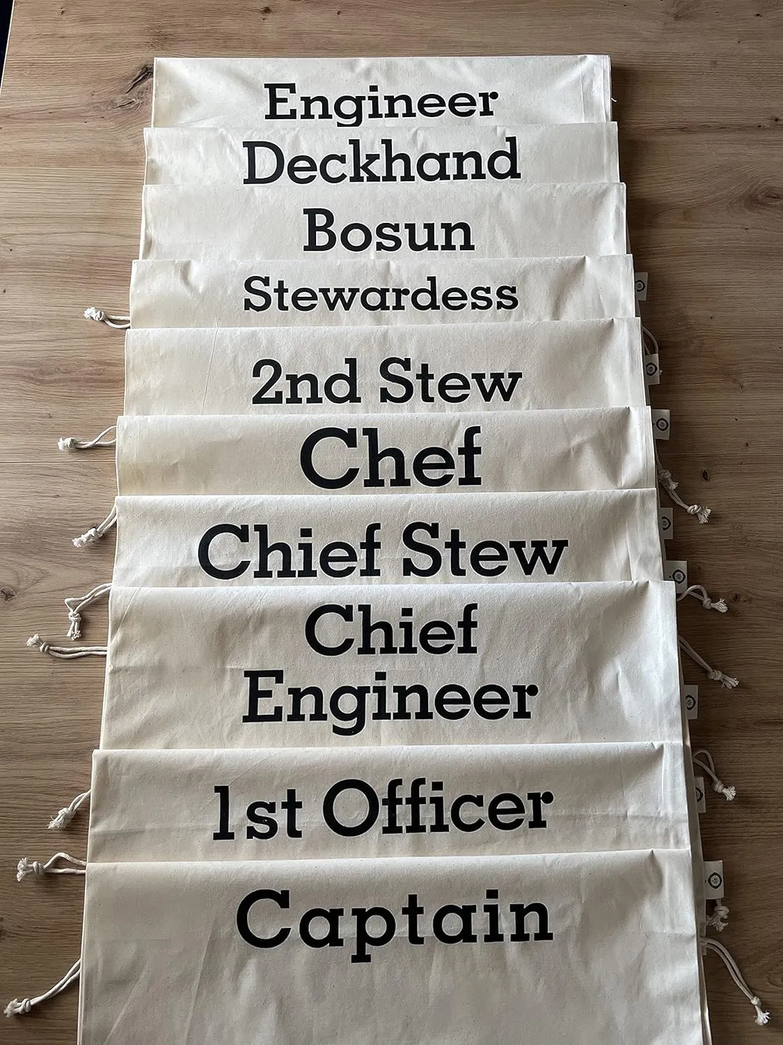 SB - BOSUN - YACHT CREW COTTON LAUNDRY BAGS, YACHT POSITIONS SILK-SCREENED   YACHT POSITION LABELLED MESH LAUNDRY BAG , COTTON BAG BIODEGRADABLE