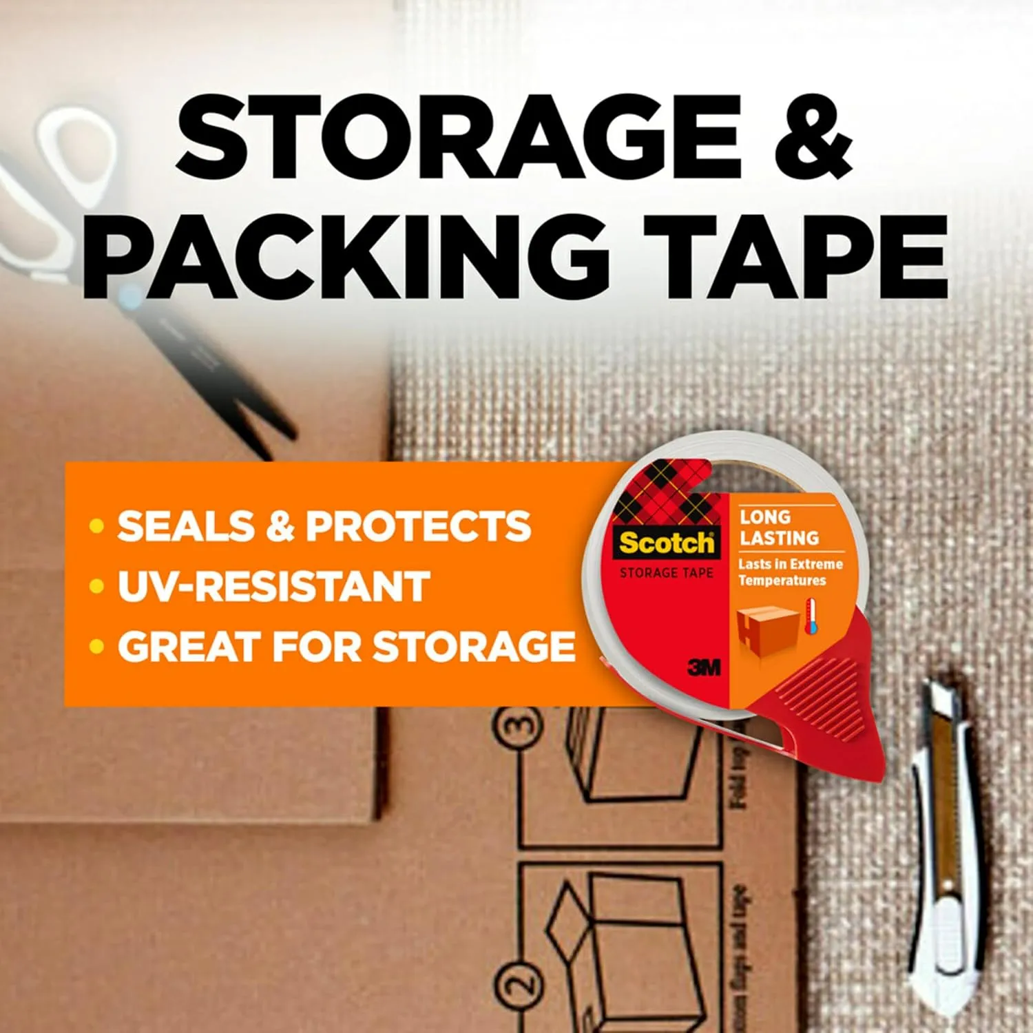 Scotch Long Lasting Storage Packing Tape, Clear, Withstands Extreme Temperatures, 1.88 in x 38.2 yd, 4 Rolls and 4 Dispensers