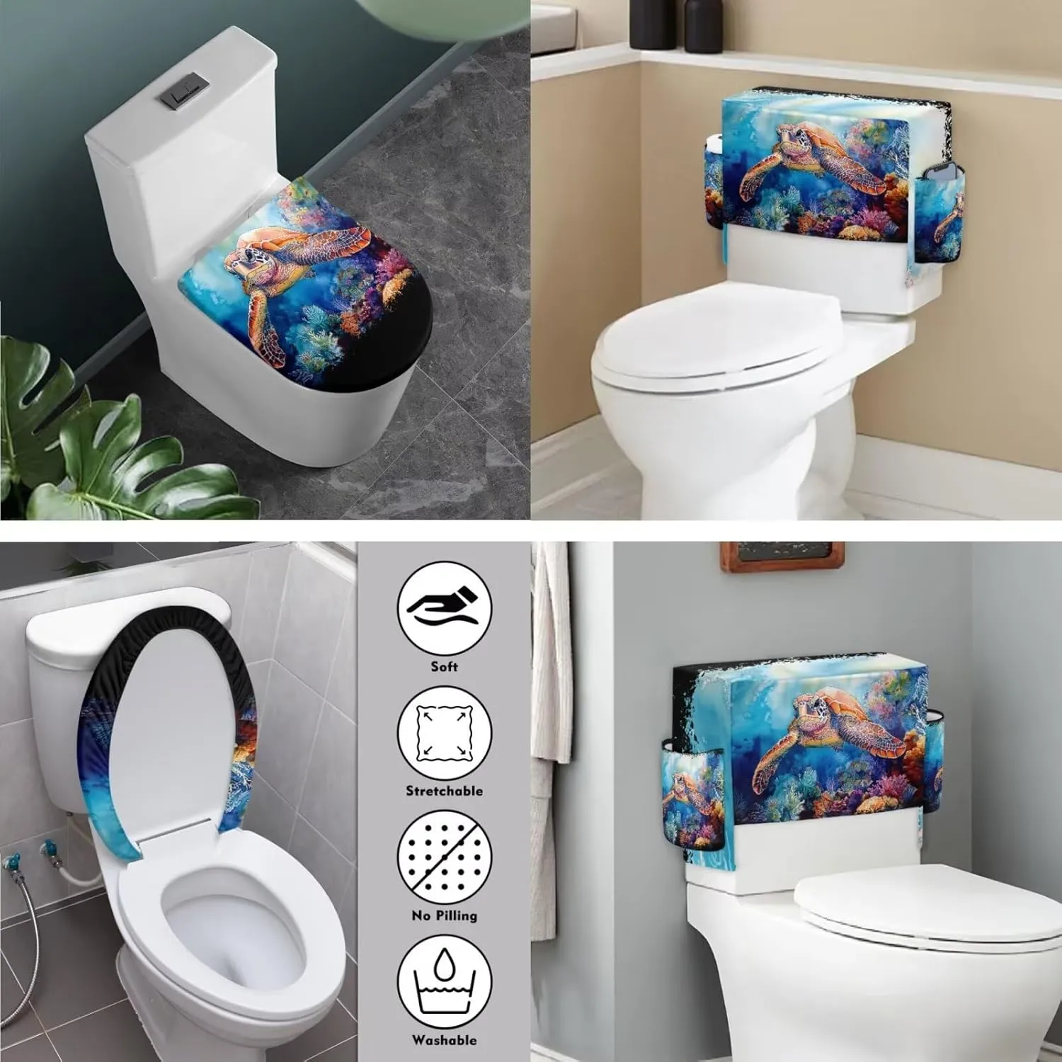 Sea Turtle Toilet Lid Covers for Bathroom Tank Cover with Storage Bag 2 Pack Elongated Home Decoration Fabric Bathroom Accessories