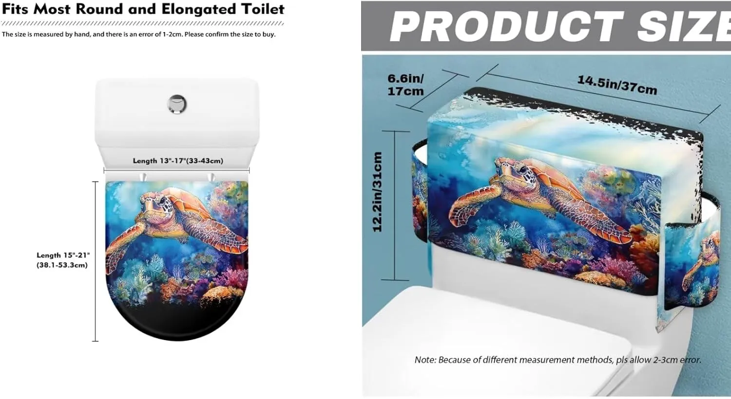 Sea Turtle Toilet Lid Covers for Bathroom Tank Cover with Storage Bag 2 Pack Elongated Home Decoration Fabric Bathroom Accessories