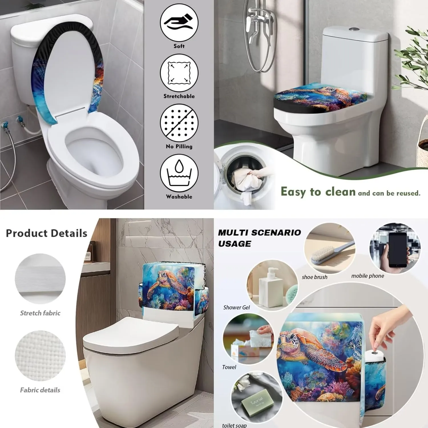 Sea Turtle Toilet Lid Covers for Bathroom Tank Cover with Storage Bag 2 Pack Elongated Home Decoration Fabric Bathroom Accessories