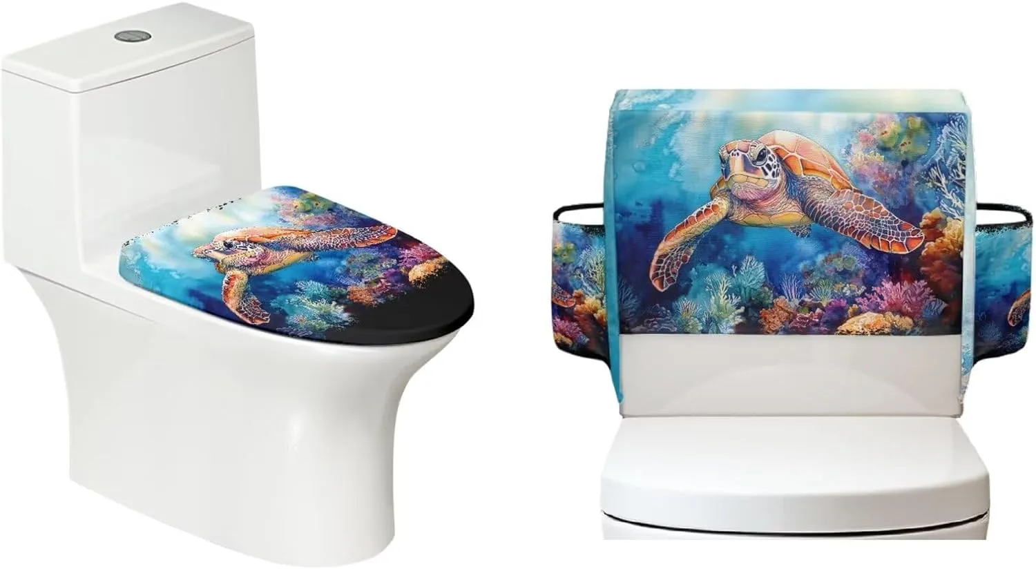 Sea Turtle Toilet Lid Covers for Bathroom Tank Cover with Storage Bag 2 Pack Elongated Home Decoration Fabric Bathroom Accessories