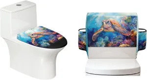 Sea Turtle Toilet Lid Covers for Bathroom Tank Cover with Storage Bag 2 Pack Elongated Home Decoration Fabric Bathroom Accessories