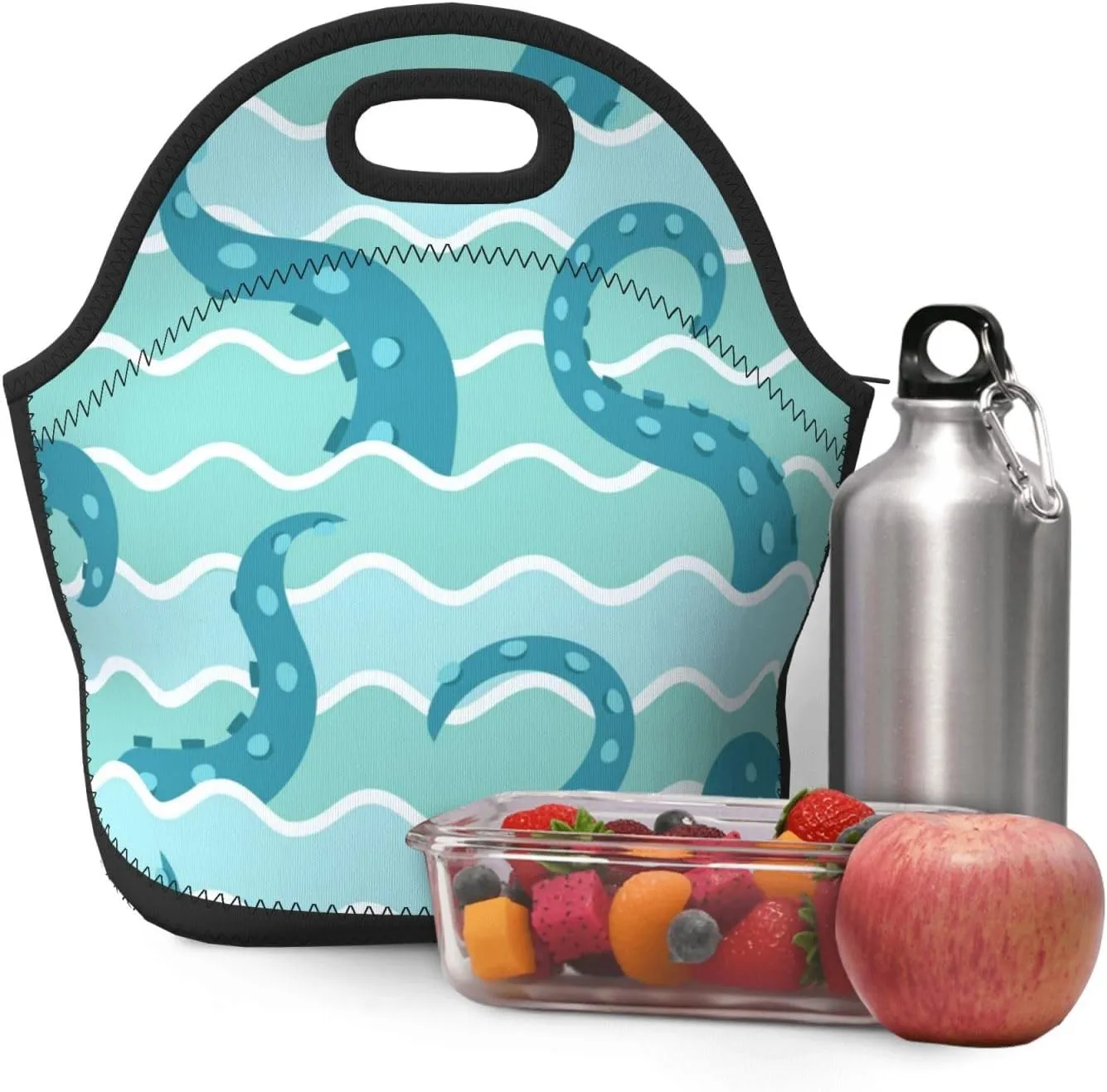 Sea Wave Octopuses Tentacle Reusable Neoprene Lunch Bag for Women Men Lightweight Insulated Lunch Container Meal Prep Bags Washable Soft Thermal Lunch Tote Bag Lunch Box Cooler Bag for Work Picnic