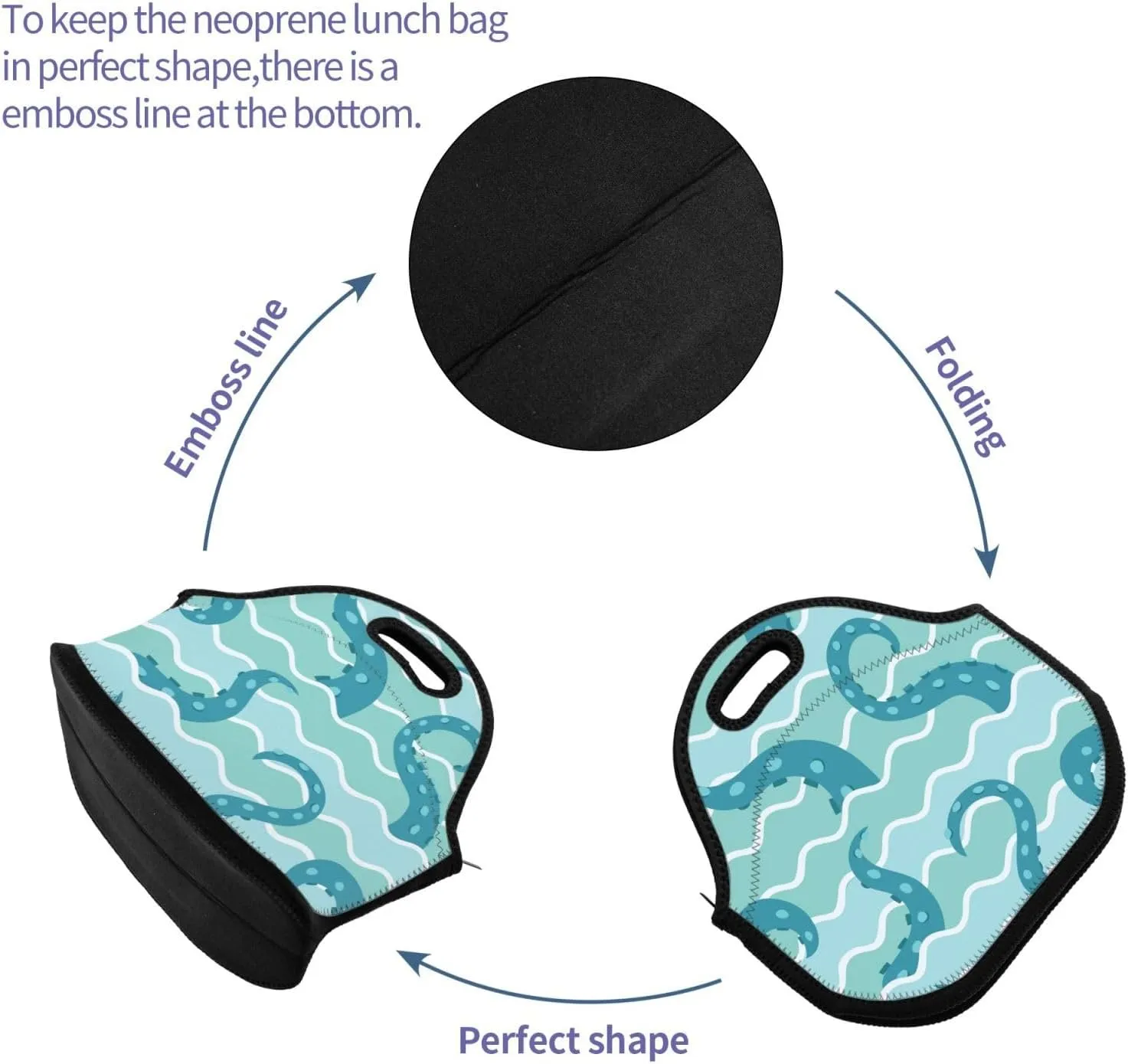 Sea Wave Octopuses Tentacle Reusable Neoprene Lunch Bag for Women Men Lightweight Insulated Lunch Container Meal Prep Bags Washable Soft Thermal Lunch Tote Bag Lunch Box Cooler Bag for Work Picnic