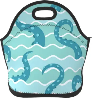 Sea Wave Octopuses Tentacle Reusable Neoprene Lunch Bag for Women Men Lightweight Insulated Lunch Container Meal Prep Bags Washable Soft Thermal Lunch Tote Bag Lunch Box Cooler Bag for Work Picnic