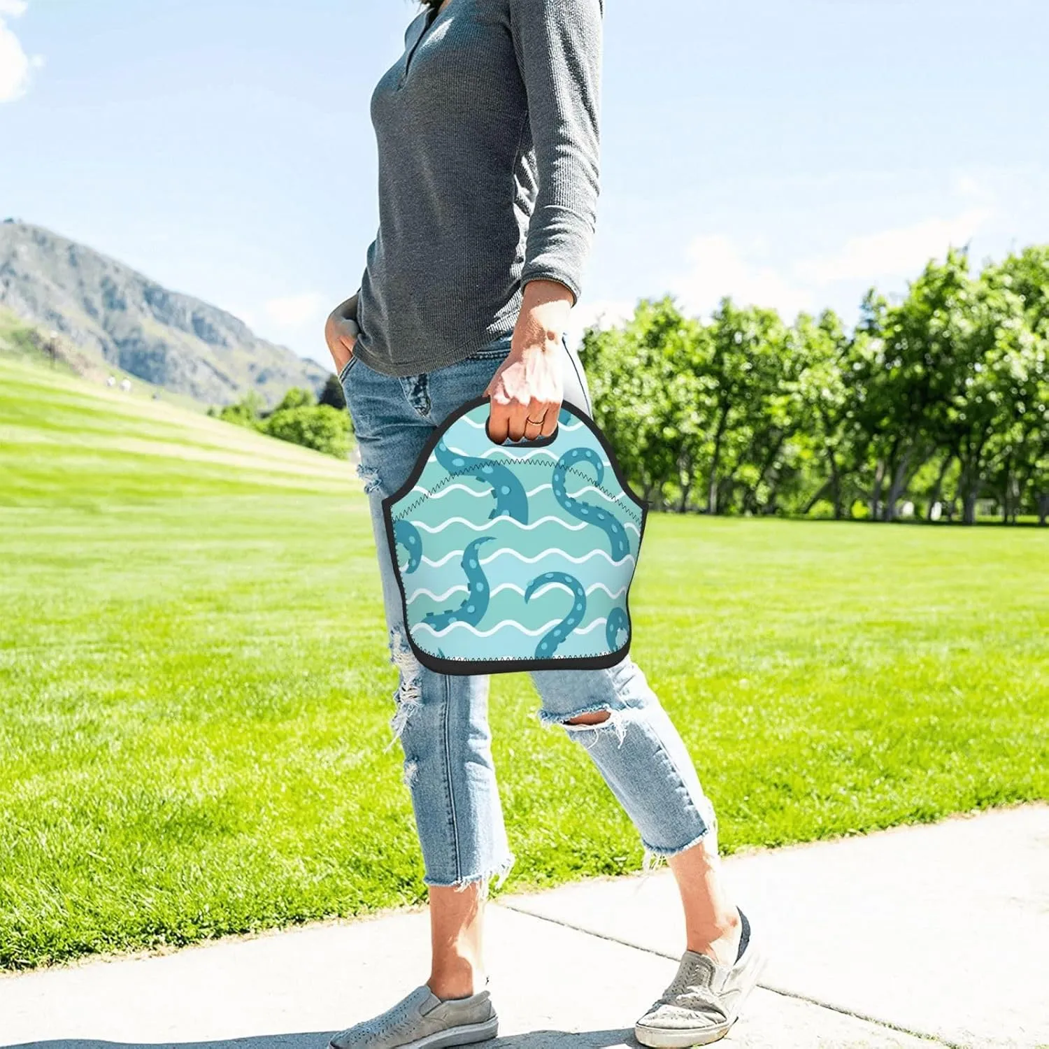 Sea Wave Octopuses Tentacle Reusable Neoprene Lunch Bag for Women Men Lightweight Insulated Lunch Container Meal Prep Bags Washable Soft Thermal Lunch Tote Bag Lunch Box Cooler Bag for Work Picnic