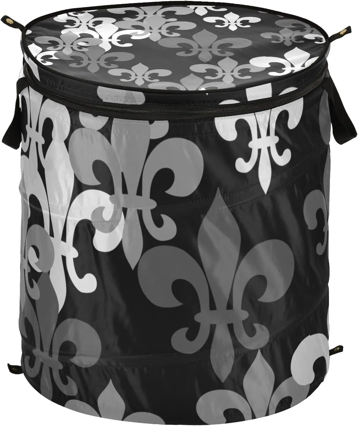 Seamless Black Grey Fleur De Lis Flowers on Black Dark Pop Up Laundry Hamper, Collapsible Dirty Clothes Basket with Zipper Lid, Storage Bag Washing Bin for Room College Dorm Travel