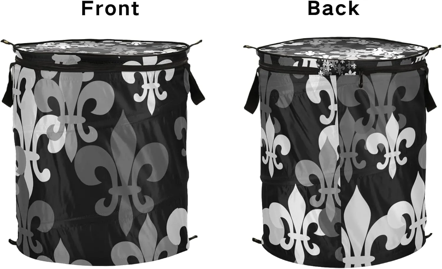 Seamless Black Grey Fleur De Lis Flowers on Black Dark Pop Up Laundry Hamper, Collapsible Dirty Clothes Basket with Zipper Lid, Storage Bag Washing Bin for Room College Dorm Travel