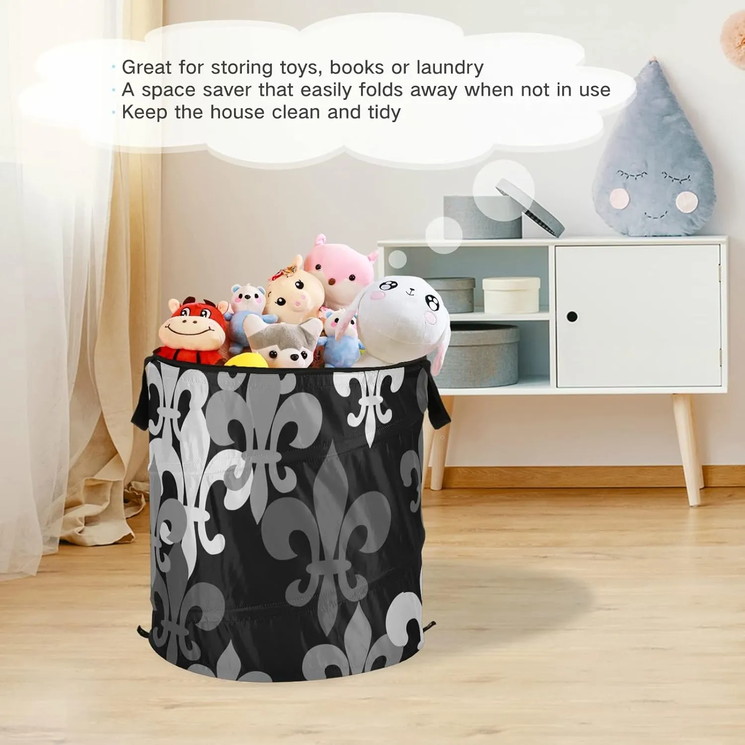 Seamless Black Grey Fleur De Lis Flowers on Black Dark Pop Up Laundry Hamper, Collapsible Dirty Clothes Basket with Zipper Lid, Storage Bag Washing Bin for Room College Dorm Travel