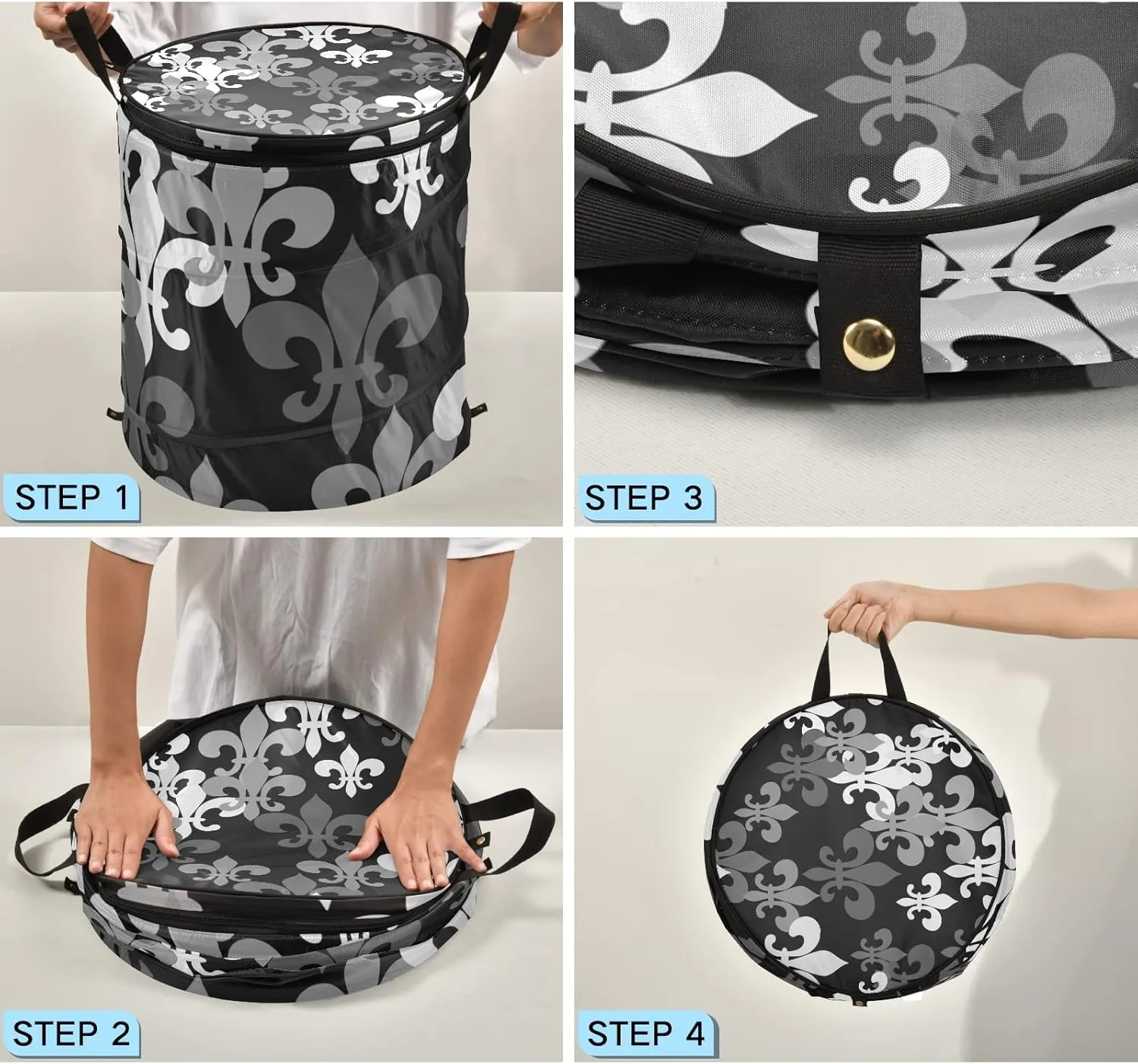 Seamless Black Grey Fleur De Lis Flowers on Black Dark Pop Up Laundry Hamper, Collapsible Dirty Clothes Basket with Zipper Lid, Storage Bag Washing Bin for Room College Dorm Travel