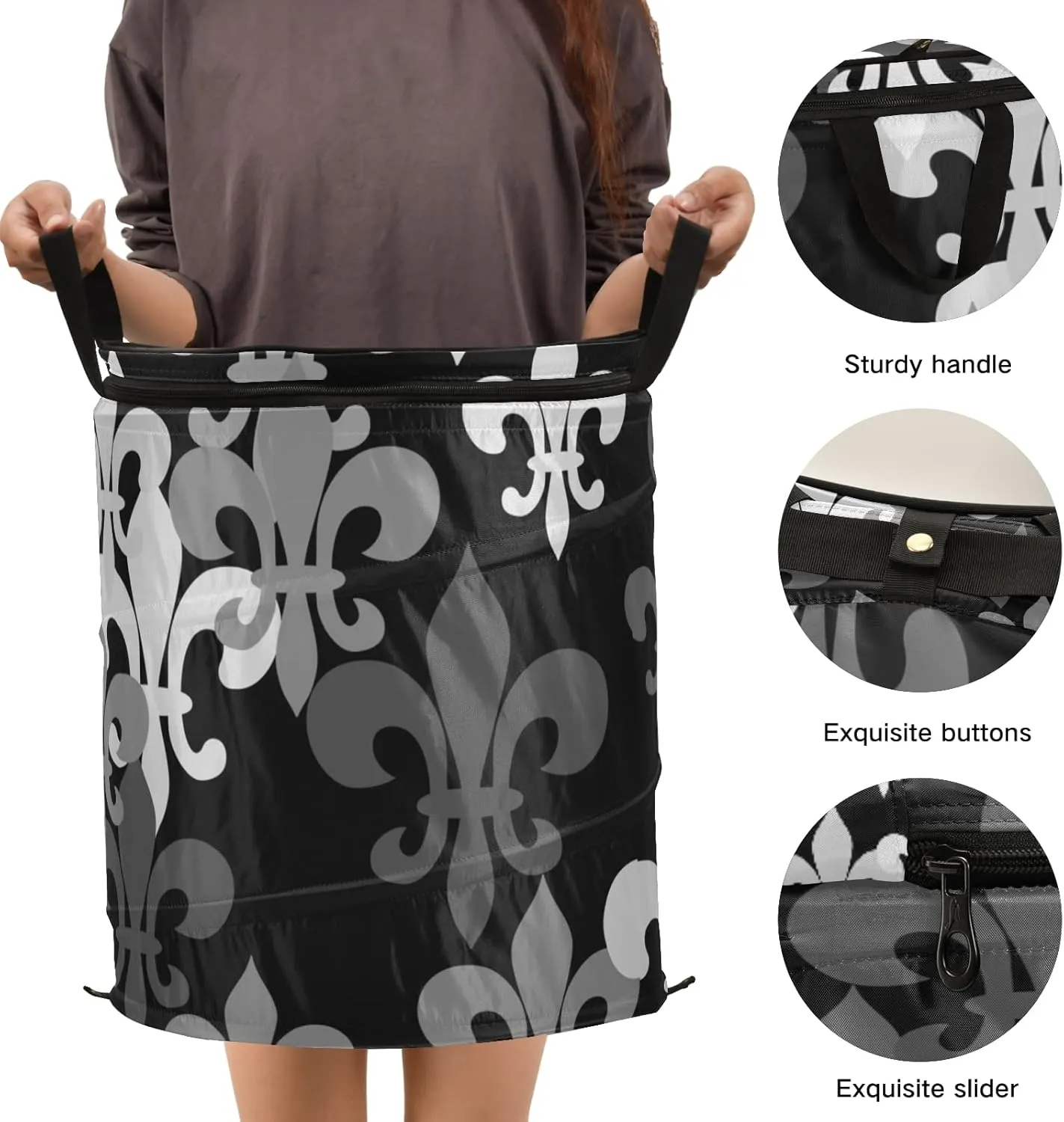 Seamless Black Grey Fleur De Lis Flowers on Black Dark Pop Up Laundry Hamper, Collapsible Dirty Clothes Basket with Zipper Lid, Storage Bag Washing Bin for Room College Dorm Travel