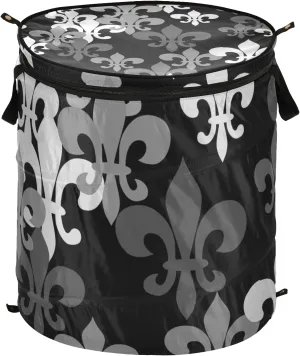Seamless Black Grey Fleur De Lis Flowers on Black Dark Pop Up Laundry Hamper, Collapsible Dirty Clothes Basket with Zipper Lid, Storage Bag Washing Bin for Room College Dorm Travel