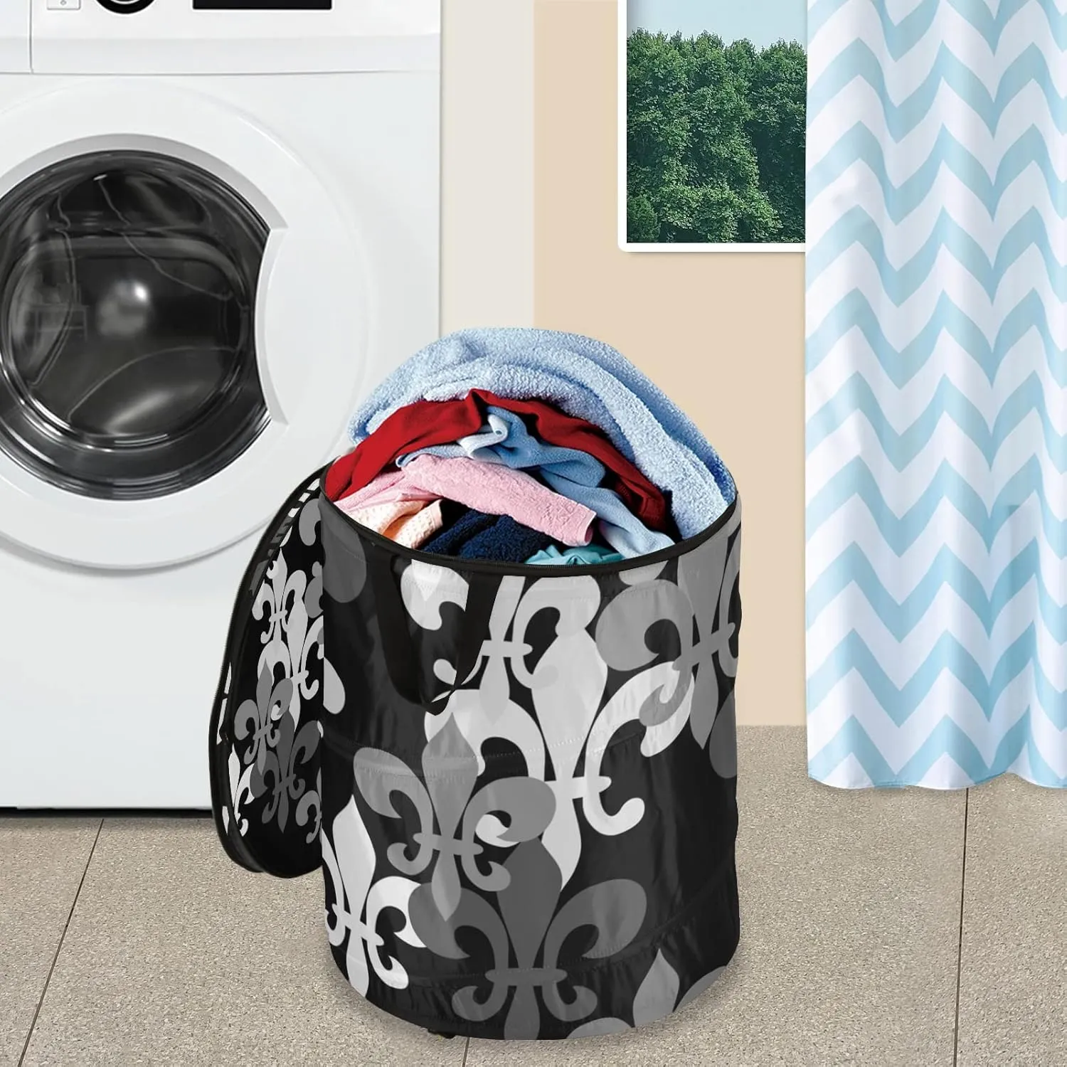 Seamless Black Grey Fleur De Lis Flowers on Black Dark Pop Up Laundry Hamper, Collapsible Dirty Clothes Basket with Zipper Lid, Storage Bag Washing Bin for Room College Dorm Travel
