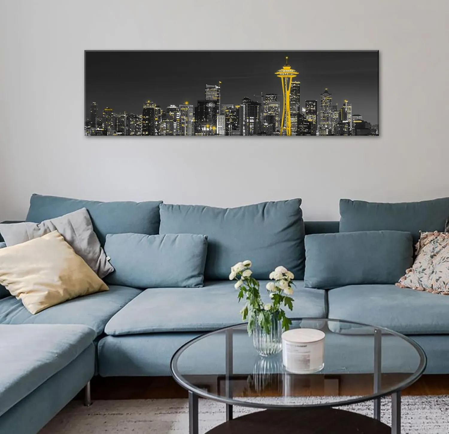 Seattle Wall Art Canvas Framed - 14"X48" Washington DC Wall Art Decor Architecture Posters Black and White Seattle Skyline City Decorations for Bedroom modern City Landscape Office,Living Room