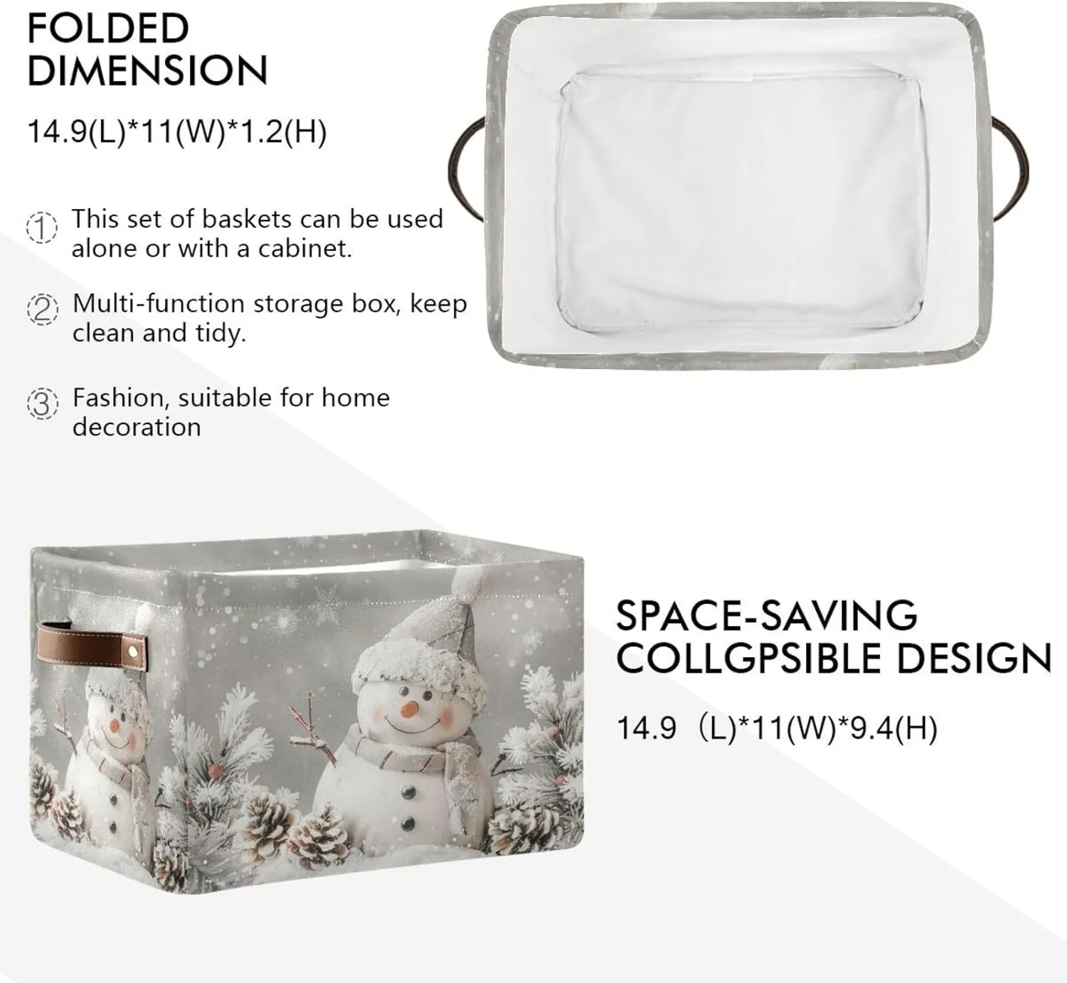 senya Christmas Storage Basket, Snowman Pine Cones Snowflake Foldable Fabric Collapsible Storage Bins Organizer Bag for Storage Clothes