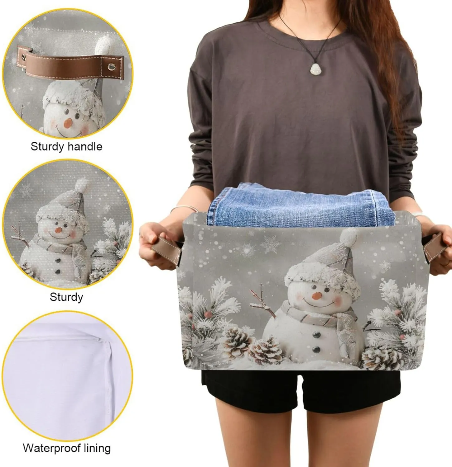 senya Christmas Storage Basket, Snowman Pine Cones Snowflake Foldable Fabric Collapsible Storage Bins Organizer Bag for Storage Clothes