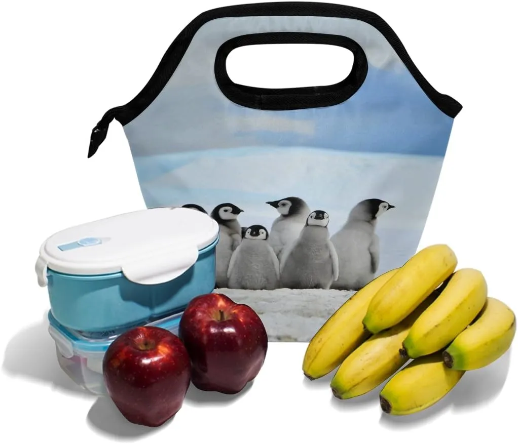 senya Lunch Bag Tote Handbag Insulated Neoprene Lunchbox Young Penguins With Snow Pile Food Container Gourmet Tote Cooler Warm Pouch For School Work Office