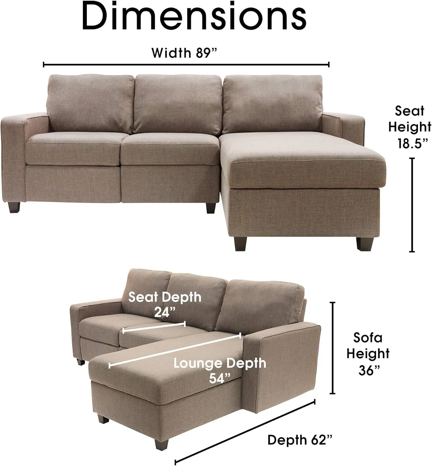 Serta Palisades Reclining Sectional Sofa with Right Chaise, Small Couch with Built-In Storage, Low-Maintenance & Family-Friendly Fabric, Oatmeal